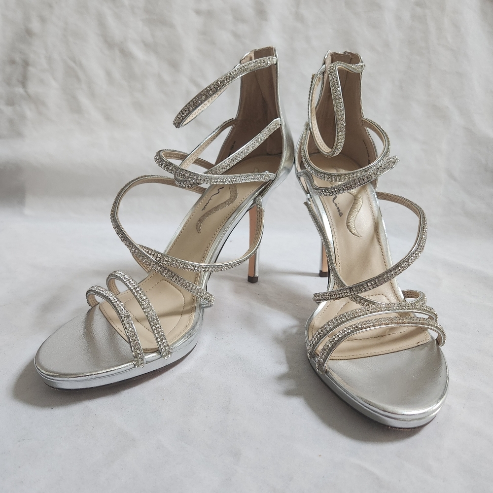 Nina Reba Rhinestone Strappy Silver Heels